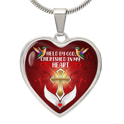 Red Held By God Cherished In My Faith Heart Necklace
