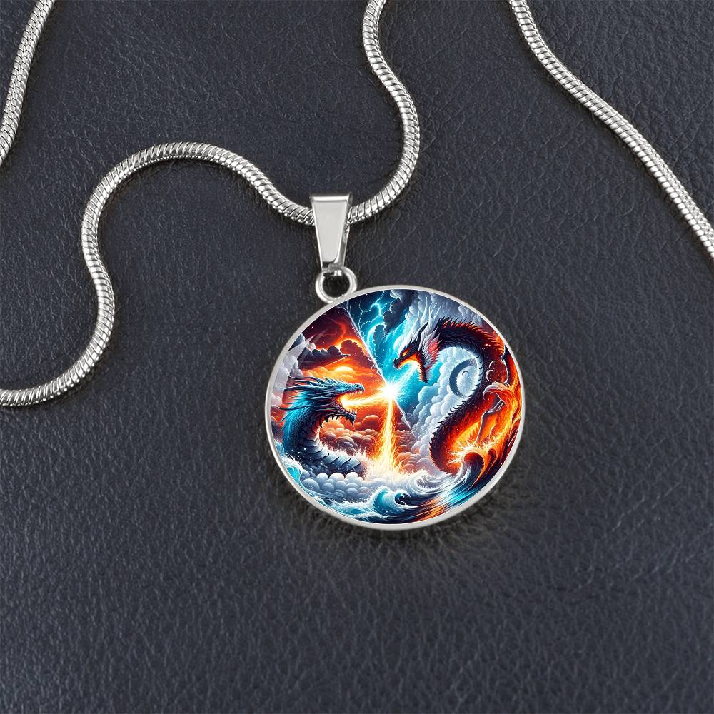 Fire And Ice Dragons Circle Pendant Necklace