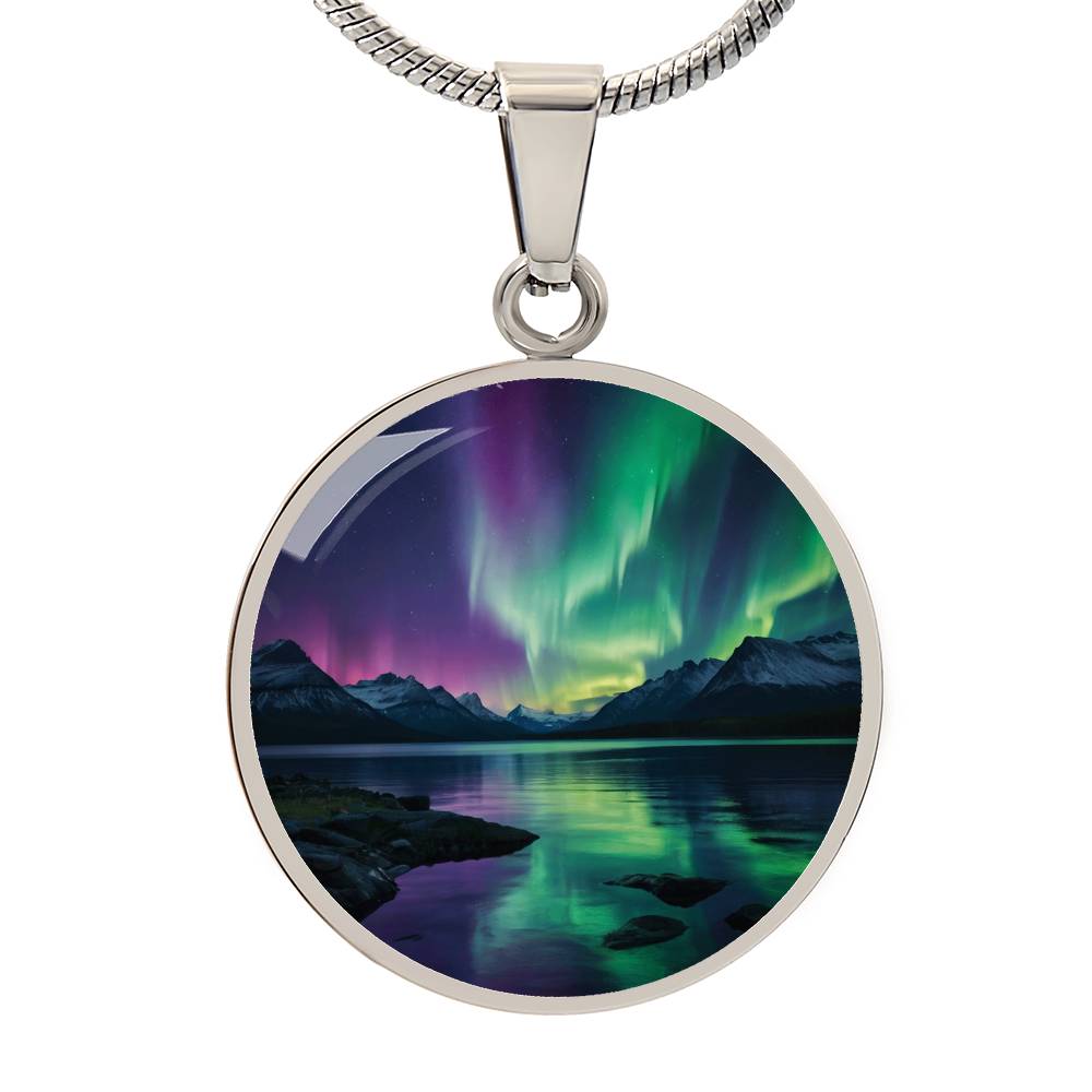 Mountain Lake Aurora Circle Pendant Necklace