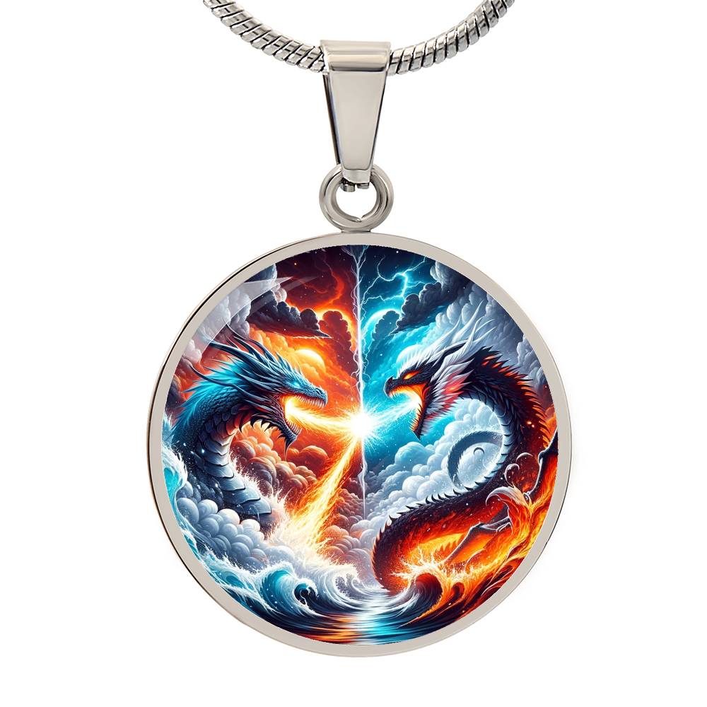 Fire And Ice Dragons Circle Pendant Necklace