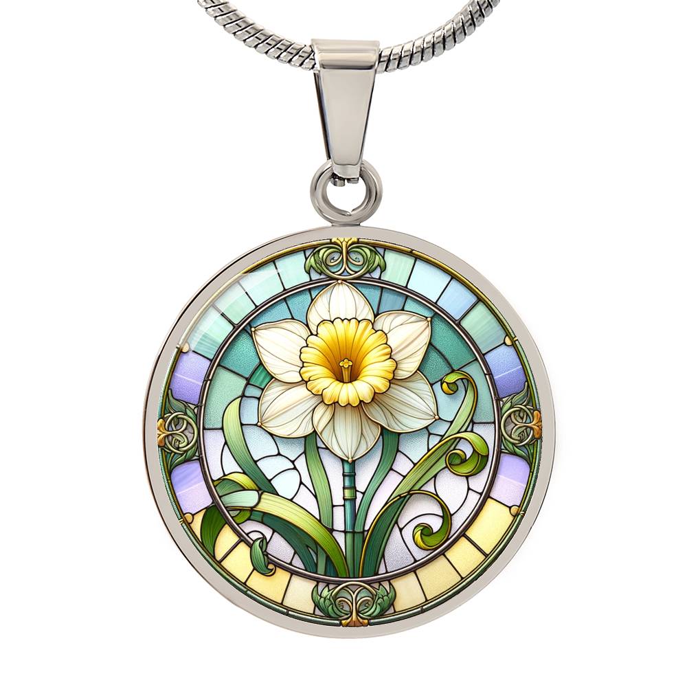Art Nouveau Daffodil Circle Pendant Necklace