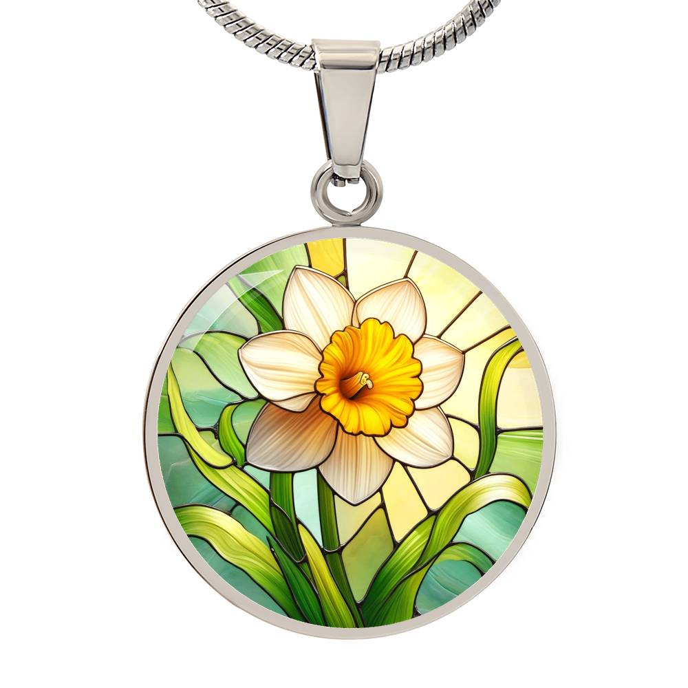 Daffodil Spring Flower Circle Pendant Necklace