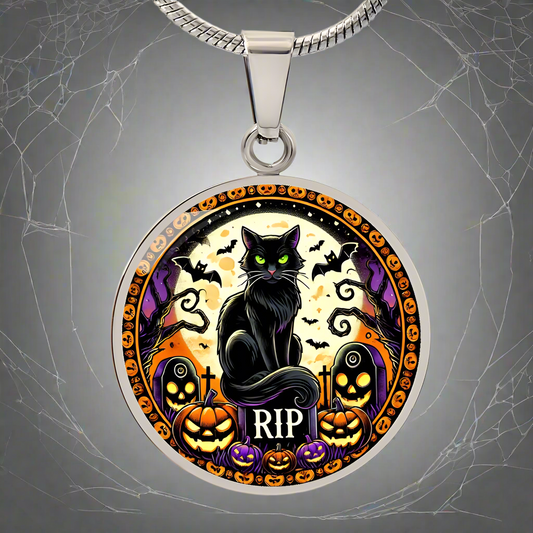 Black Cat Halloween Circle Pendant Necklace