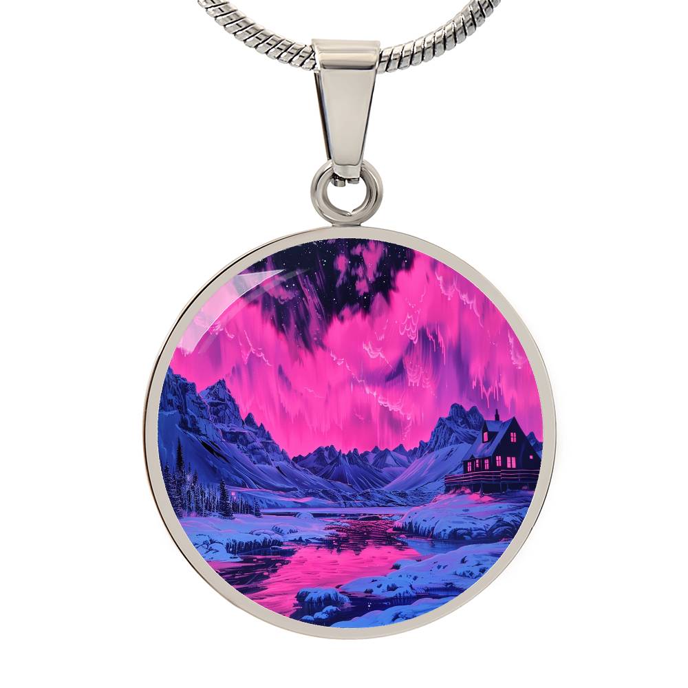 Pink Northern Lights Peaks Circle Pendant Necklace