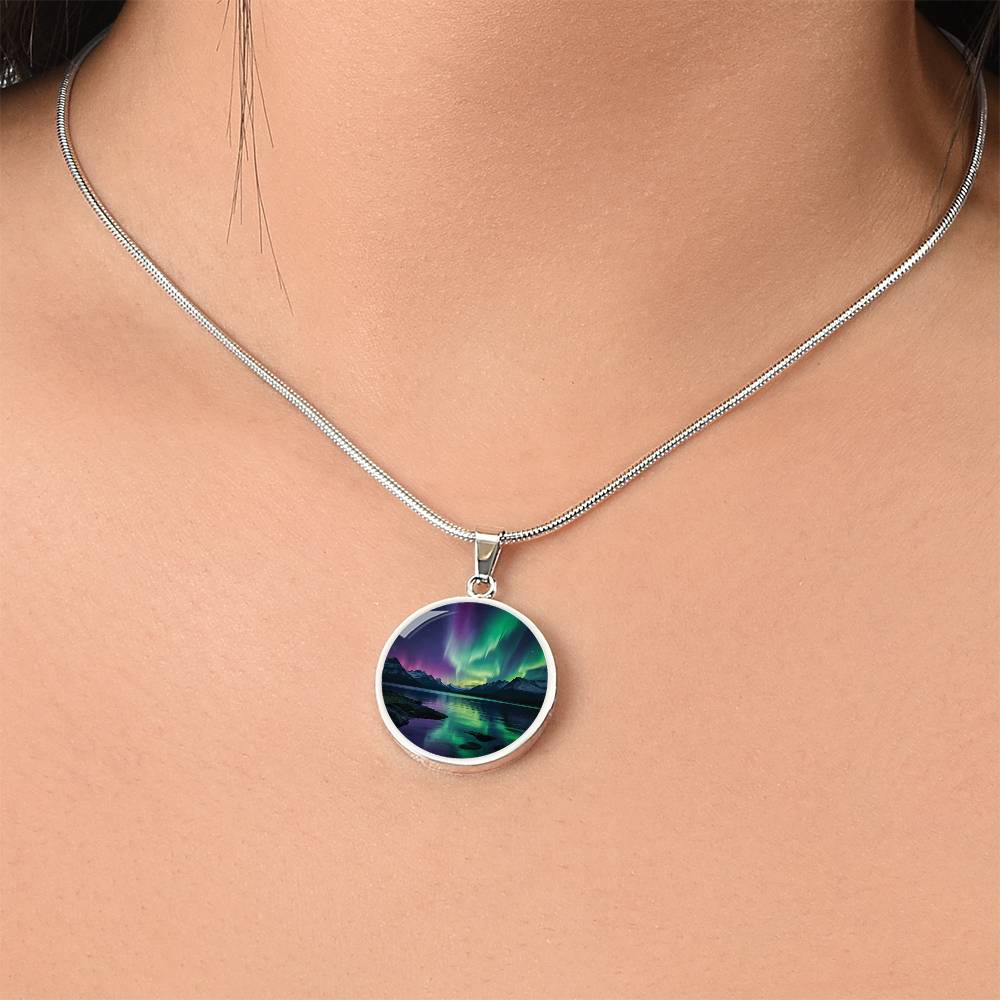 Mountain Lake Aurora Circle Pendant Necklace