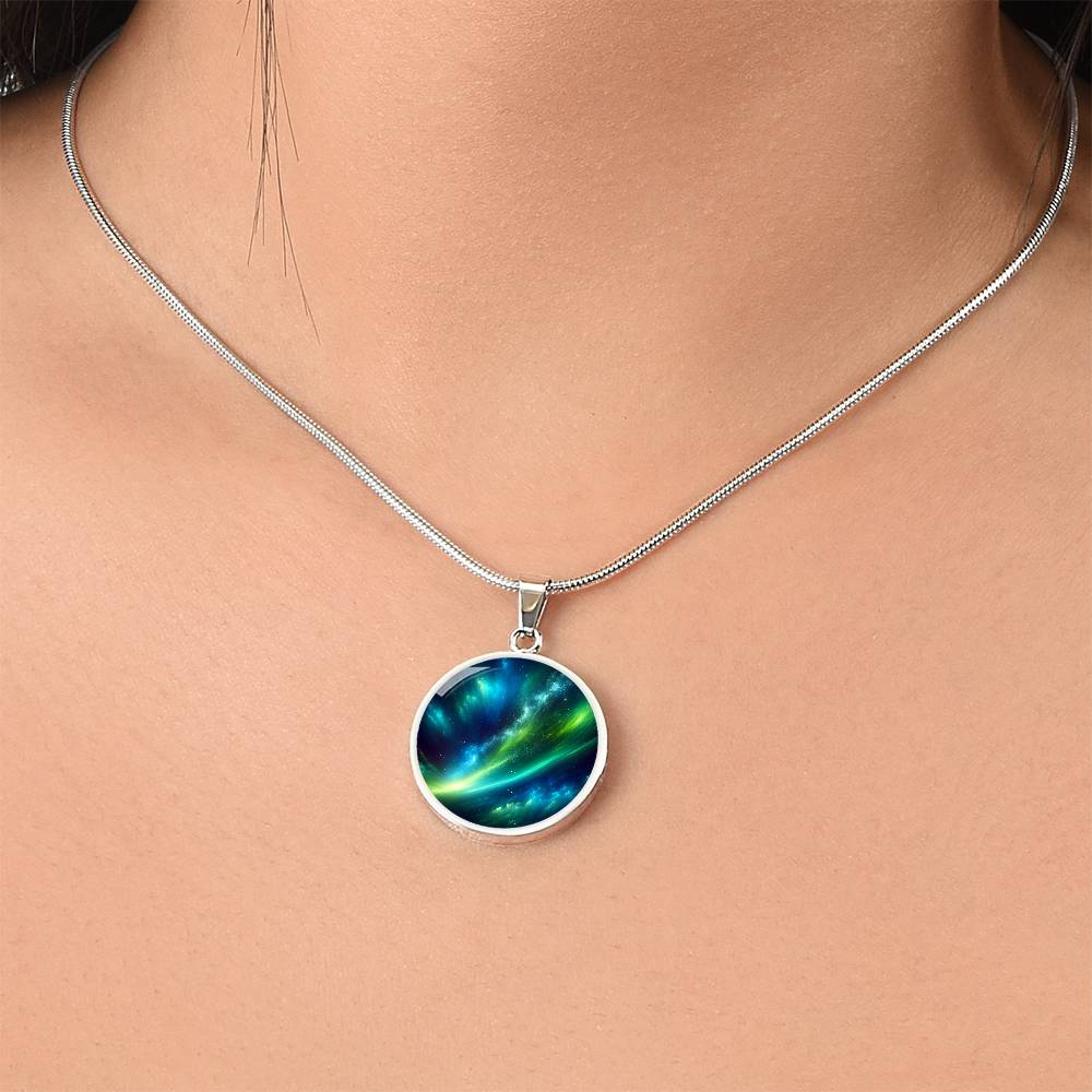 Blue Green Aurora Lights Circle Pendant Necklace