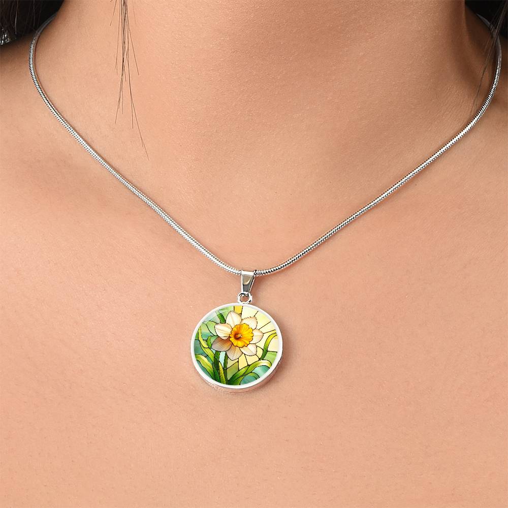 Daffodil Spring Flower Circle Pendant Necklace