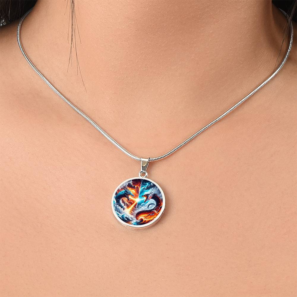 Fire And Ice Dragons Circle Pendant Necklace