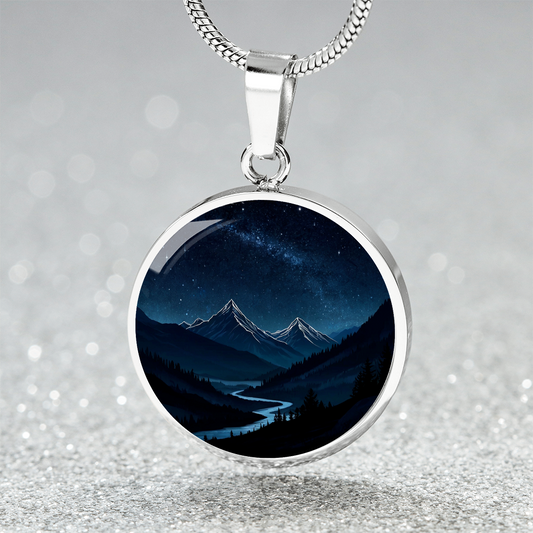 Starry Mountain Lake Night Circle Pendant Necklace