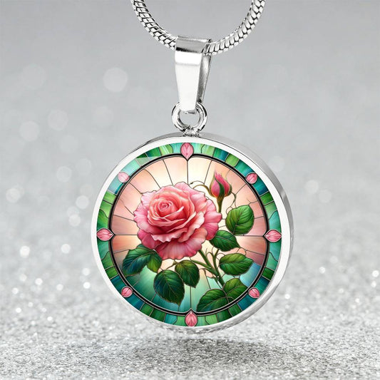 Blooming Rose Circle Pendant Necklace