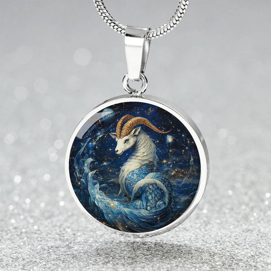 Celestial Capricorn Sea-Goat Circle Pendant Necklace