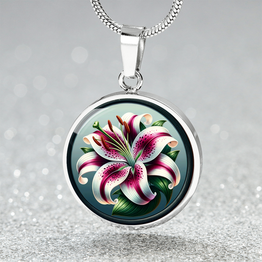 Stargazer Lily Circle Pendant Necklace