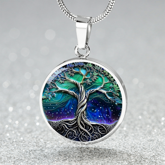 Northern Lights Tree of Life Circle Pendant Necklace