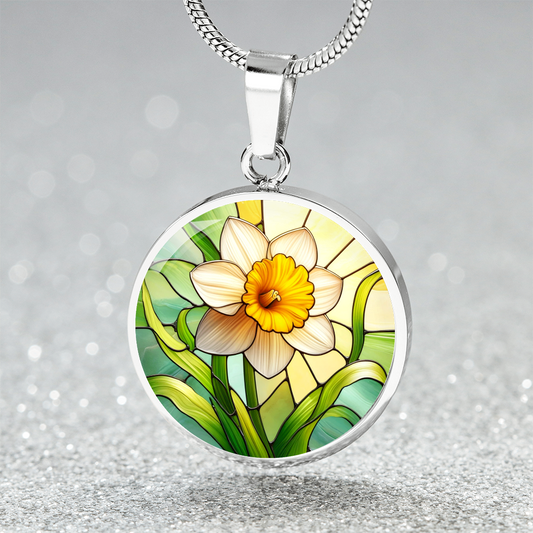 Daffodil Spring Flower Circle Pendant Necklace