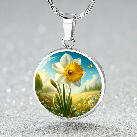 Spring Daffodil Circle Pendant Necklace