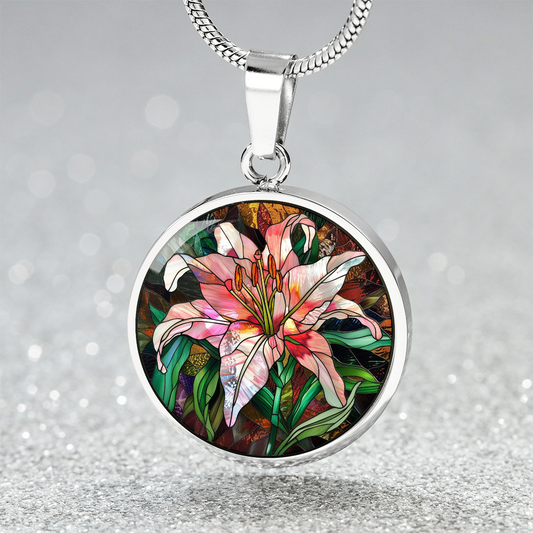 Stargazer Lily Art Circle Pendant Necklace