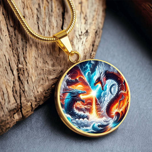 Fire And Ice Dragons Circle Pendant Necklace