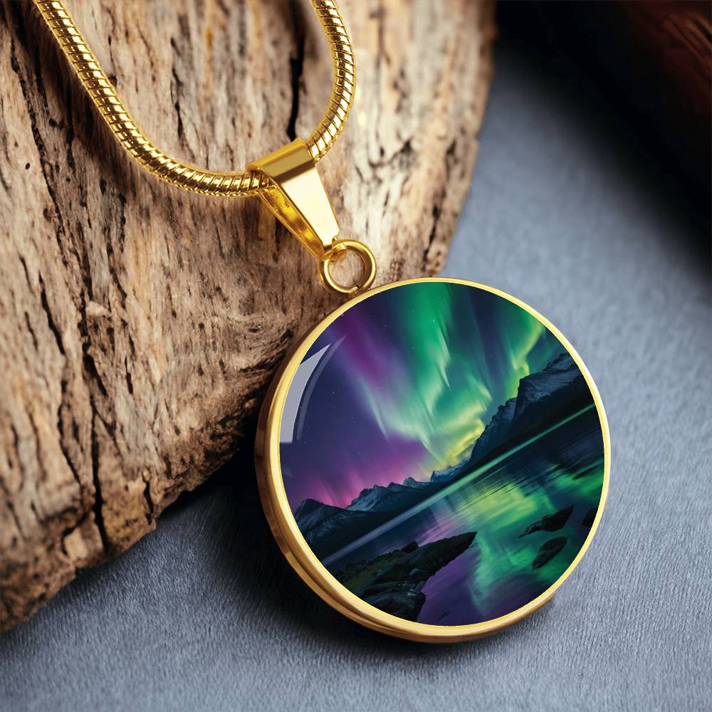 Mountain Lake Aurora Circle Pendant Necklace