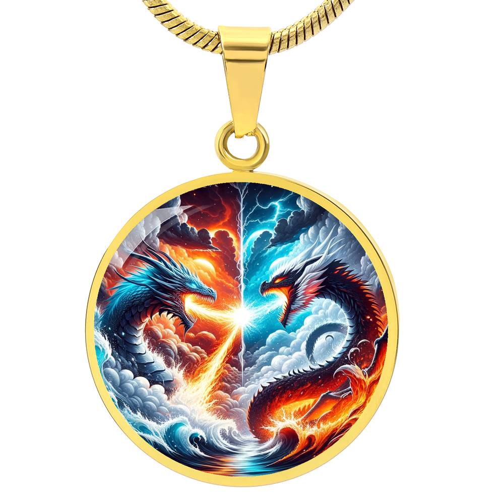 Fire And Ice Dragons Circle Pendant Necklace