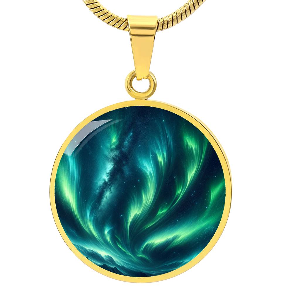 Green Swirls Northern Lights Circle Pendant Necklace