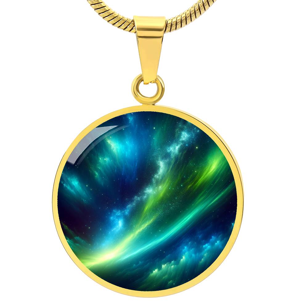 Blue Green Aurora Lights Circle Pendant Necklace