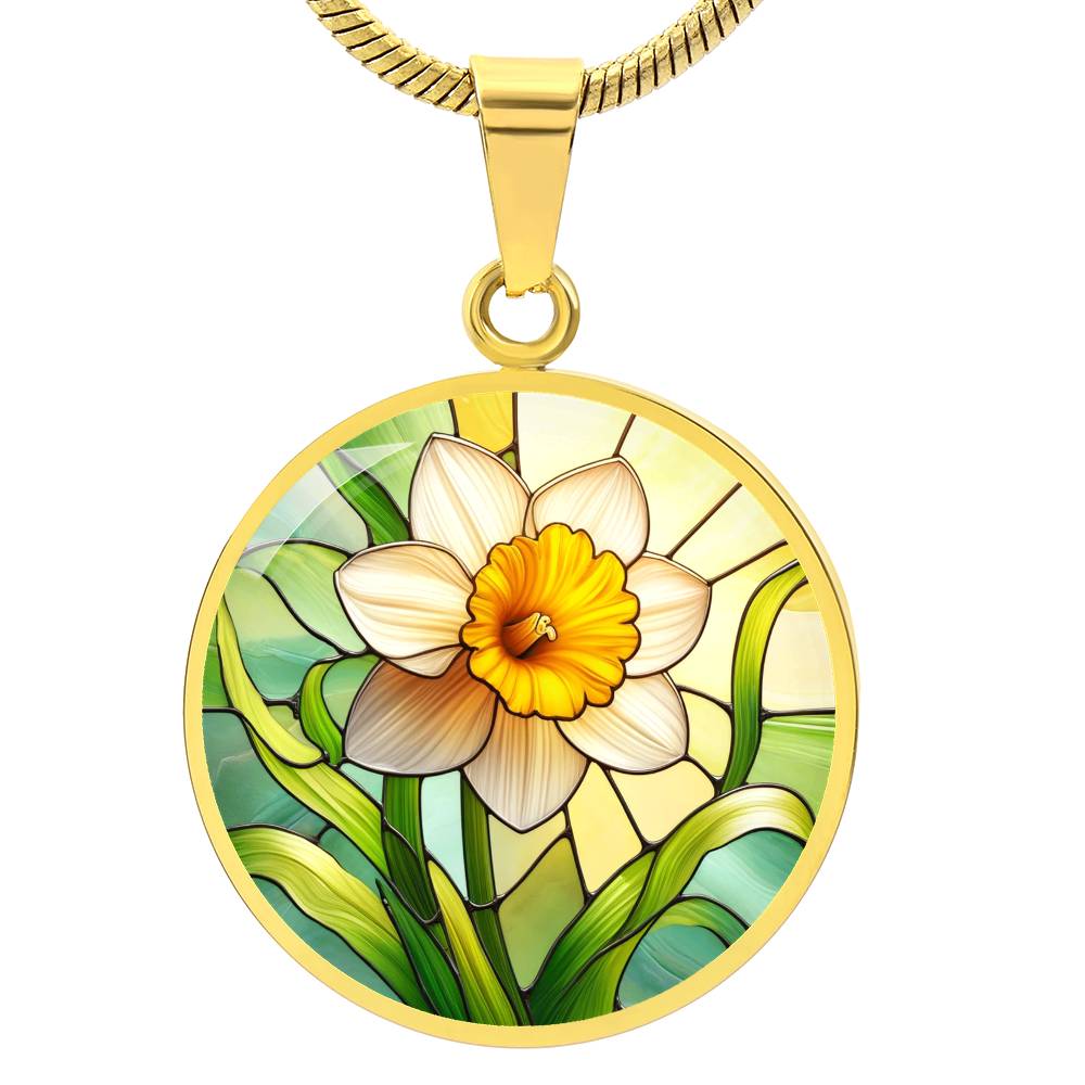 Daffodil Spring Flower Circle Pendant Necklace