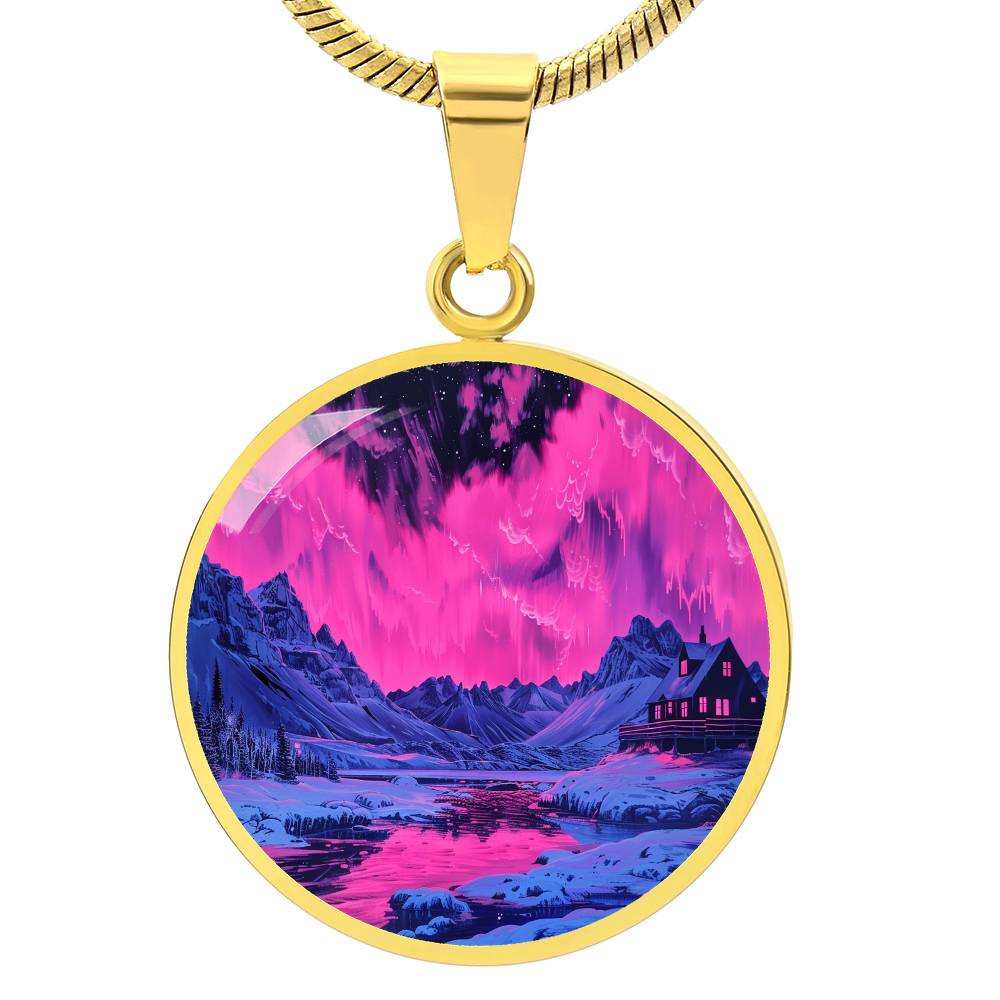 Pink Northern Lights Peaks Circle Pendant Necklace