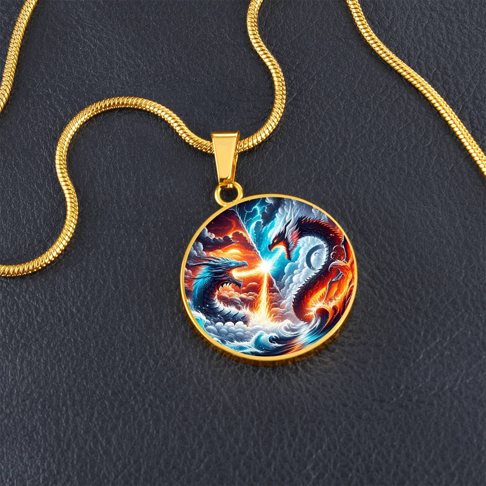 Fire And Ice Dragons Circle Pendant Necklace