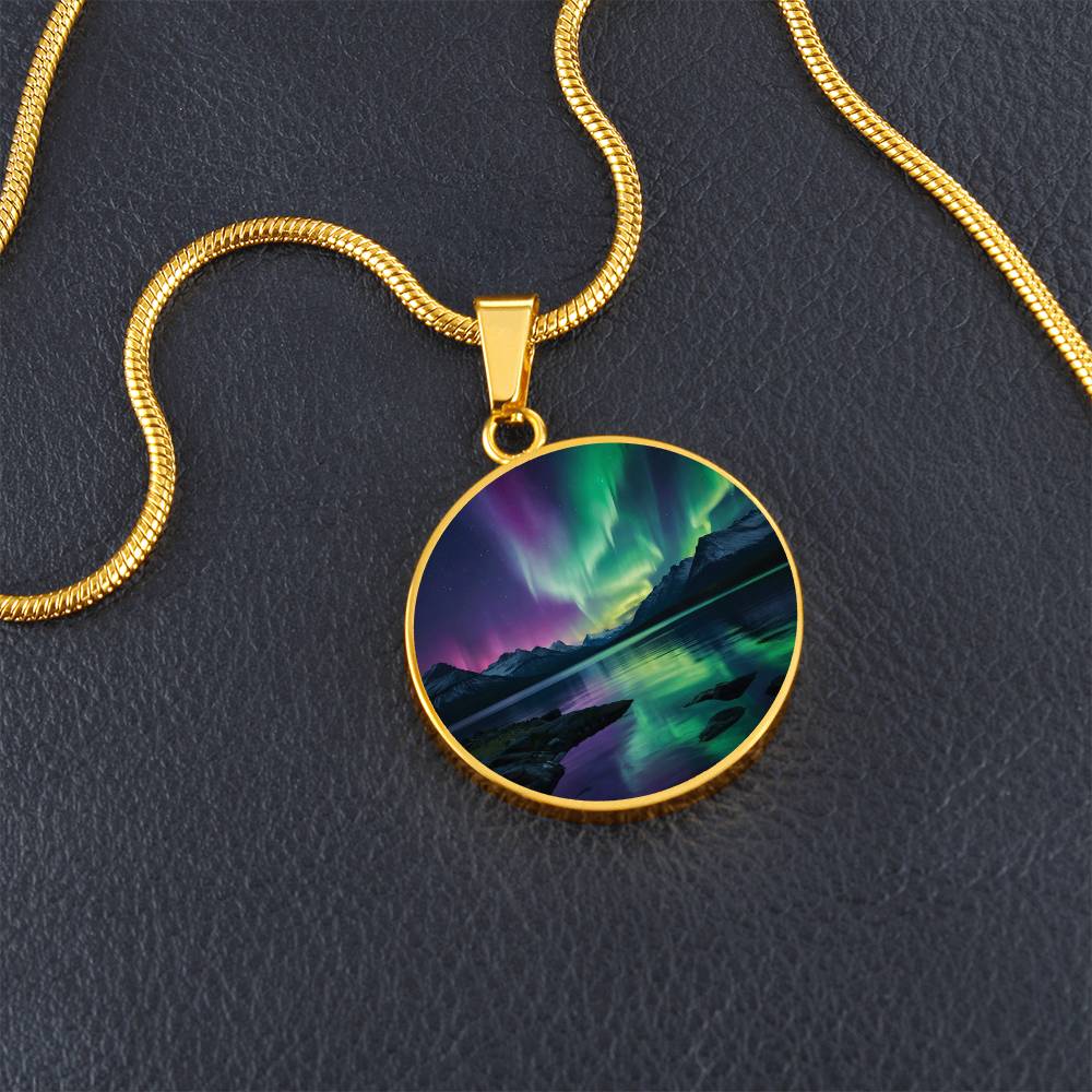 Mountain Lake Aurora Circle Pendant Necklace