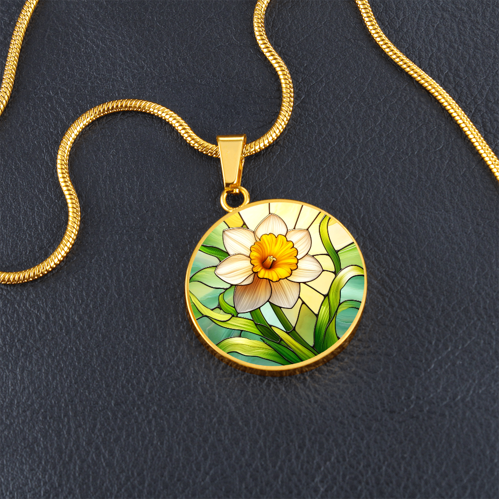 Daffodil Spring Flower Circle Pendant Necklace