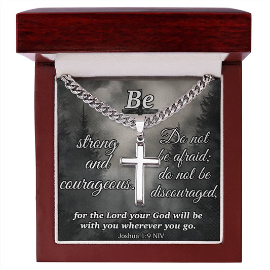 Joshua 1:9 Personalized Steel Cuban Cross Necklace